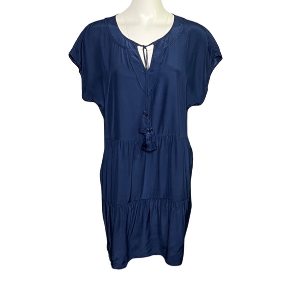 Marie Oliver Silk Navy Blue Keyhole Boxy Shift Tiered Mini Dress Size Medium - Picture 1 of 9